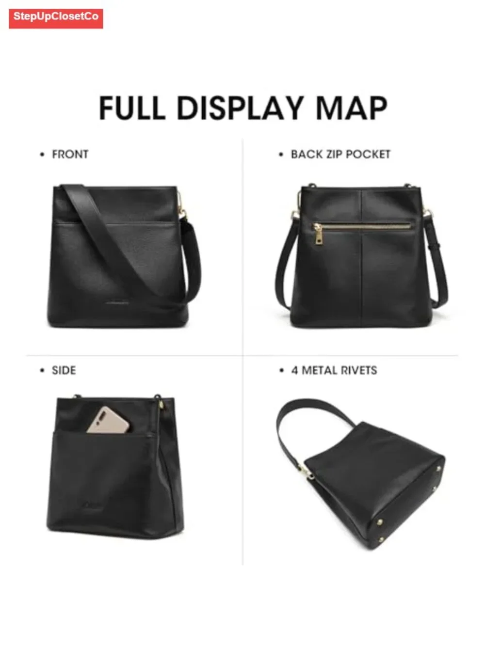 Genuine Leather Bucket Bag with Shoulder & Crossbody Straps